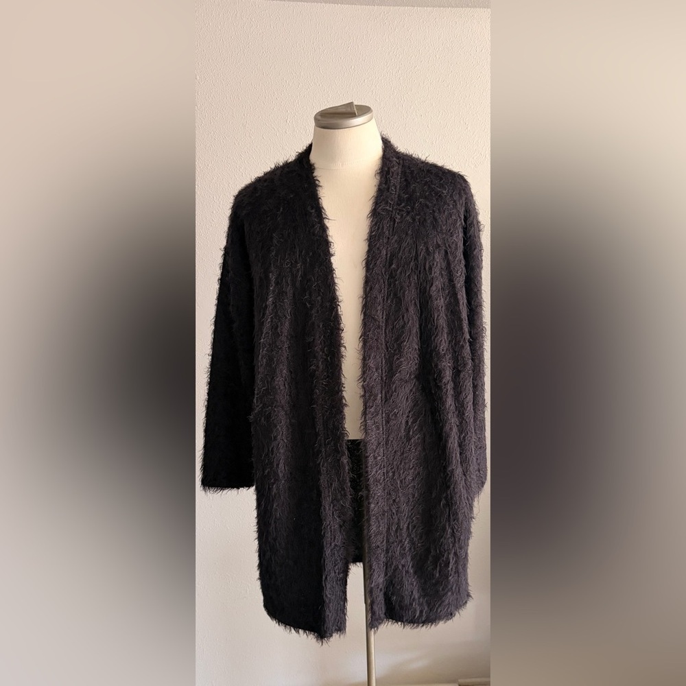 Mango Black Fuzzy Open Cardigan Coatigan Size Large